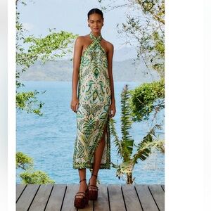 FARM RIO Tropical Tapestry Off-White Halter Neck Maxi Dress $248 MSRP Size L